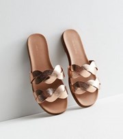 New Look Rose Gold Leather-Look Plaited Strap Footbed Sandals